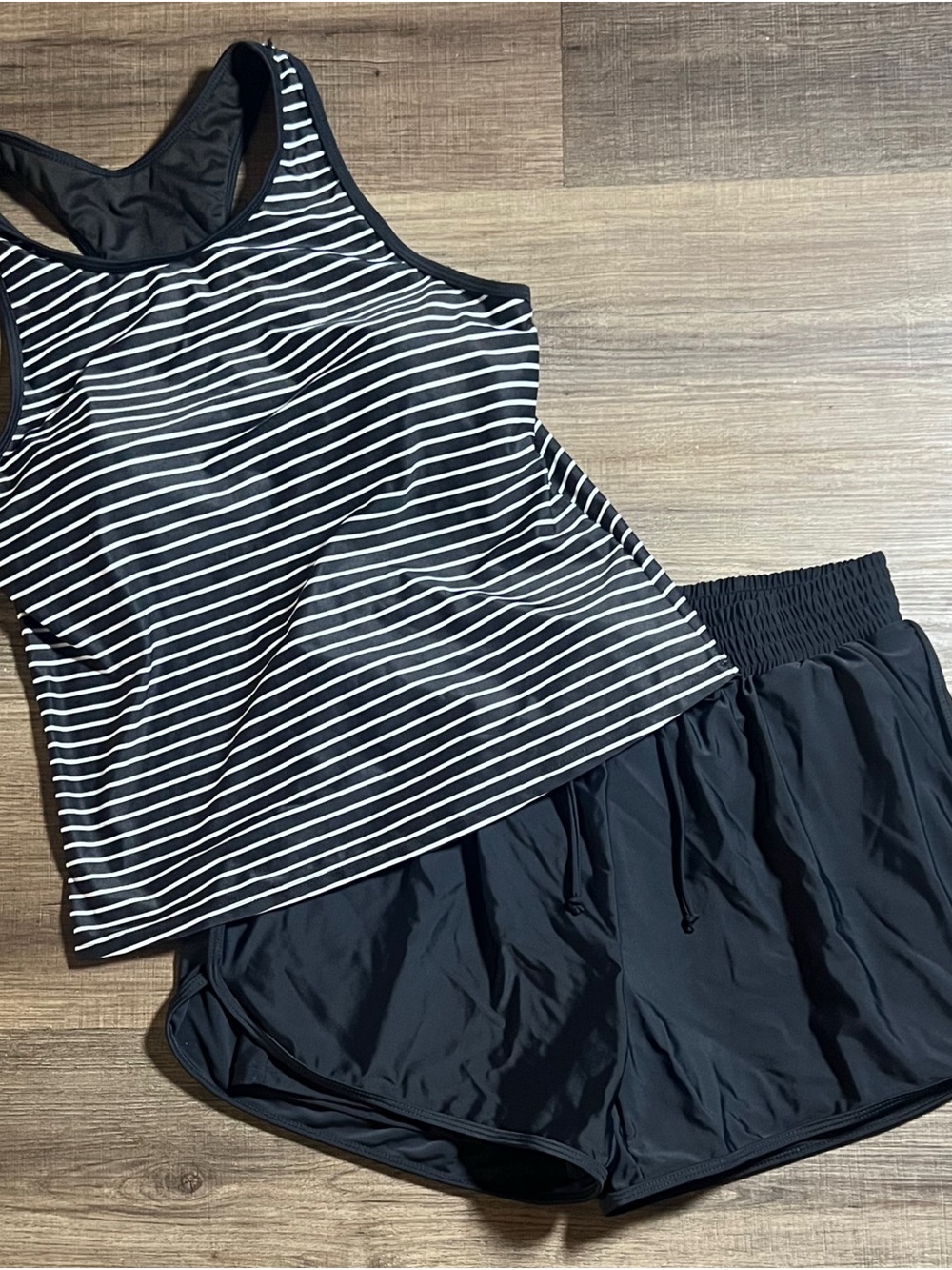 Women’s Black & White Tankini With Shorts Two Piece Swim Set